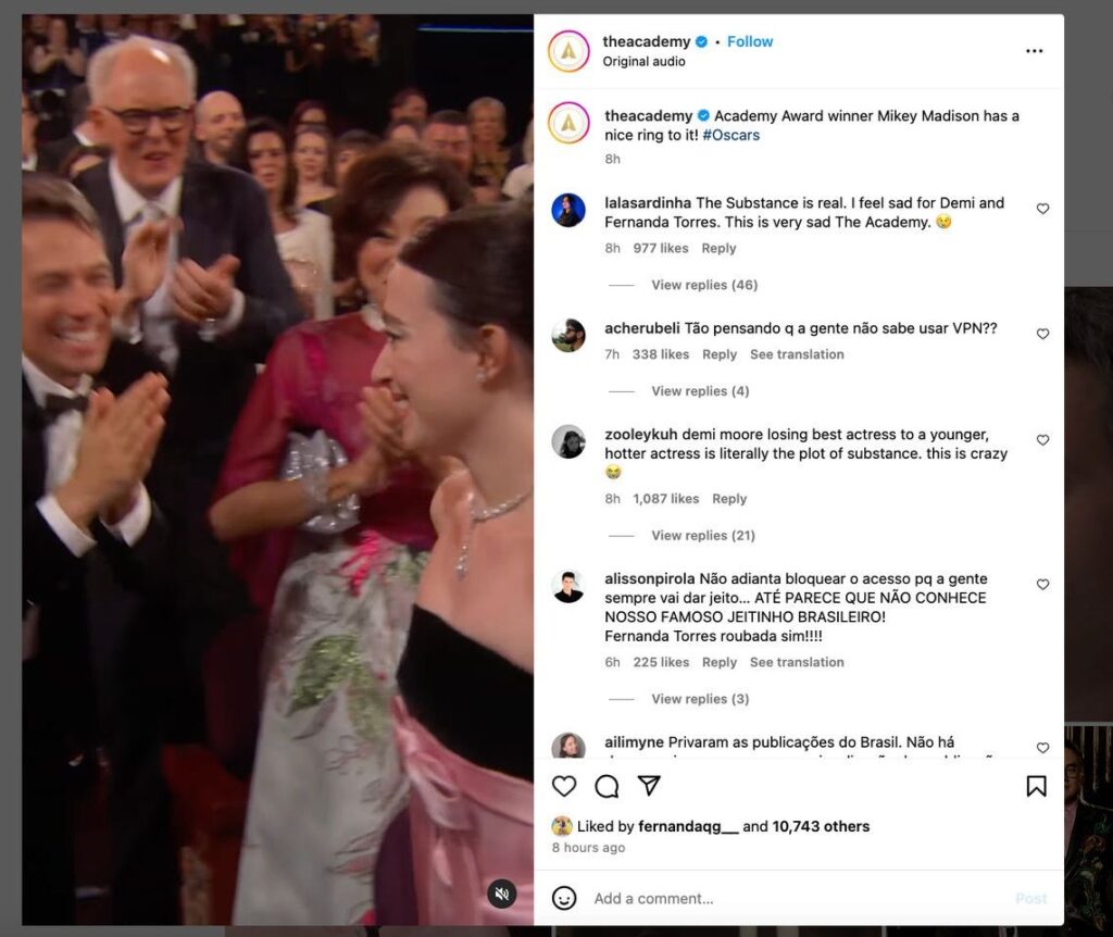 Post do Oscar com anúncio de melhor atriz não aparece para brasileiros e internautas criticam ‘bloqueio’