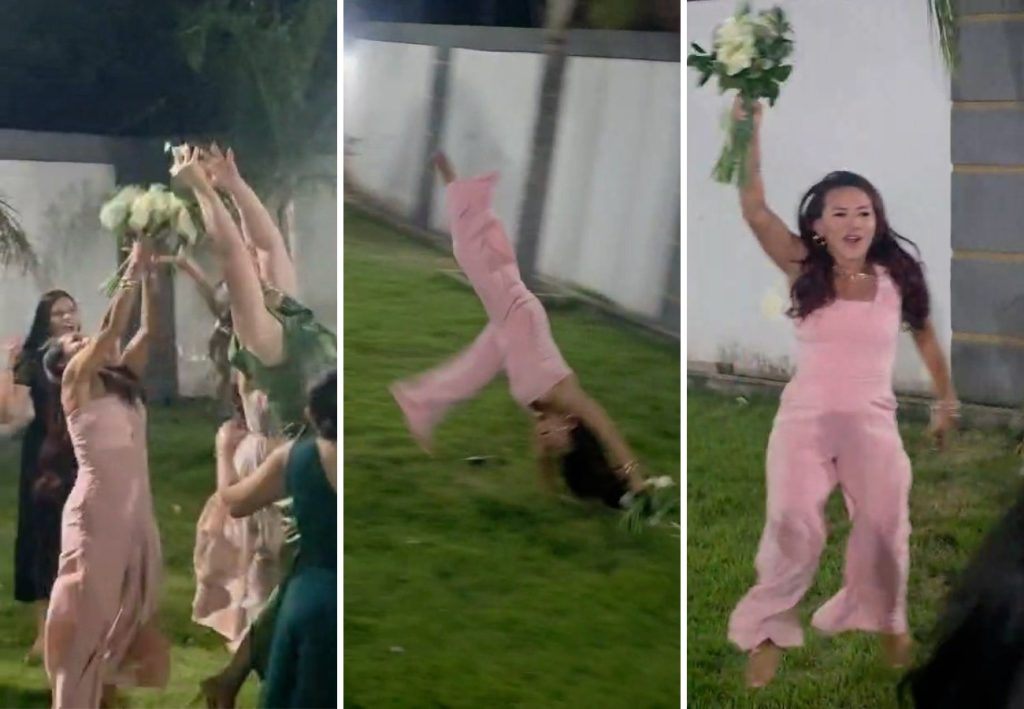 Reação de empresária após pegar buquê em casamento no Tocantins viraliza: ‘Correndo e dando estrelinhas’